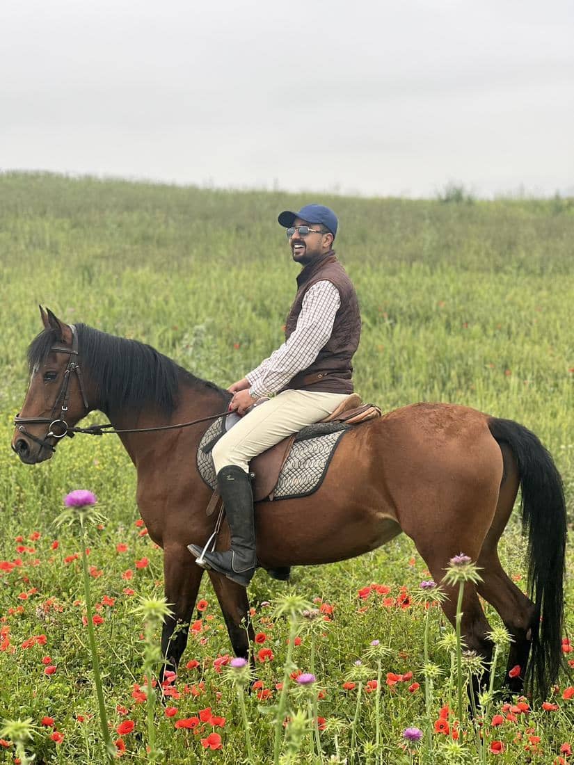 Cavaliers dans les prés au printemps, entre marguerites et coquelicots